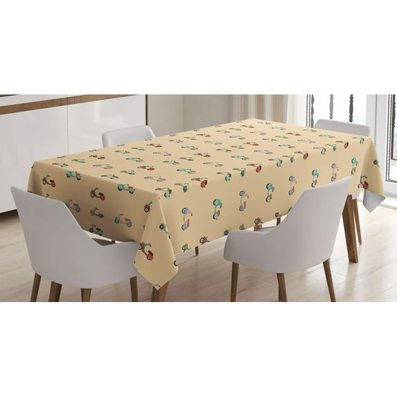 Urban Tablecloth, Cartoon Style Pattern with Colorful Scooters Retro Transportation Vehicles Traffic, Rectangle Satin Table Cover for Dining Room and Kitchen, 60" X 84", Multicolor, by Ambesonne