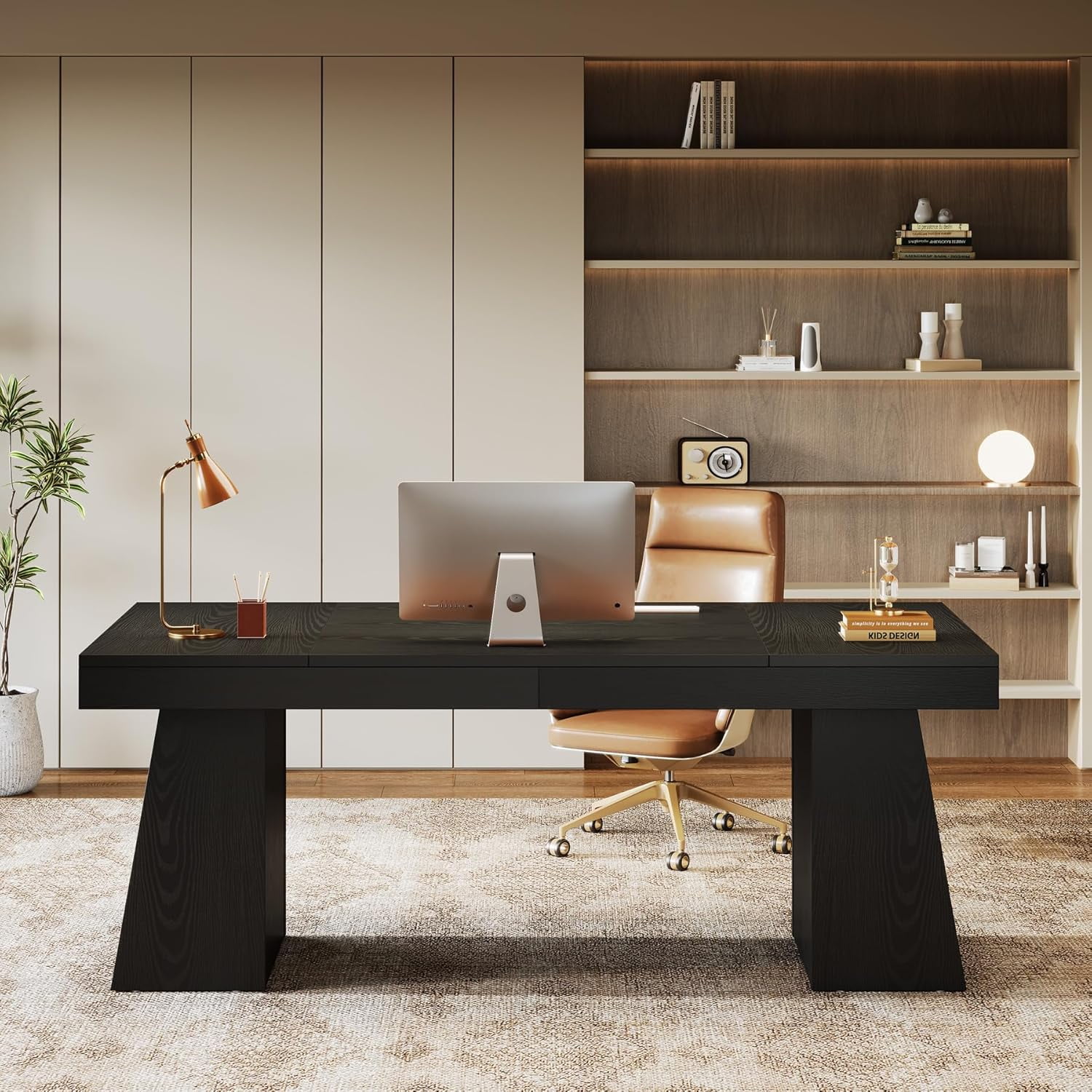Finmind Large Wood Executive Desk, 55" Rectangle Office Desk with Double Pedestal, Modern Minimalist Computer Desk Workstations Conference Table Furniture for Home Office(Black)