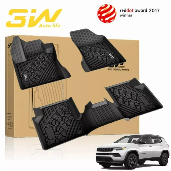 3W Floor Mats for Jeep Compass 2017-2024 Full Set Front and Rear 2 Rows seat Floor Liner with All Weather Odorless TPE (New Body Style Only), Black