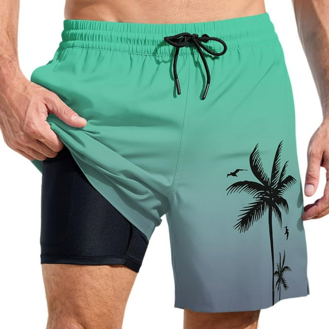YUEVE Beach Shorts for Men 2 in 1 Compression Liner 7 Inch Inseam, Mens Swim Trunks Gradient Hawaiian Print Quick Dry Bathing Suit with Pockets Green XXL