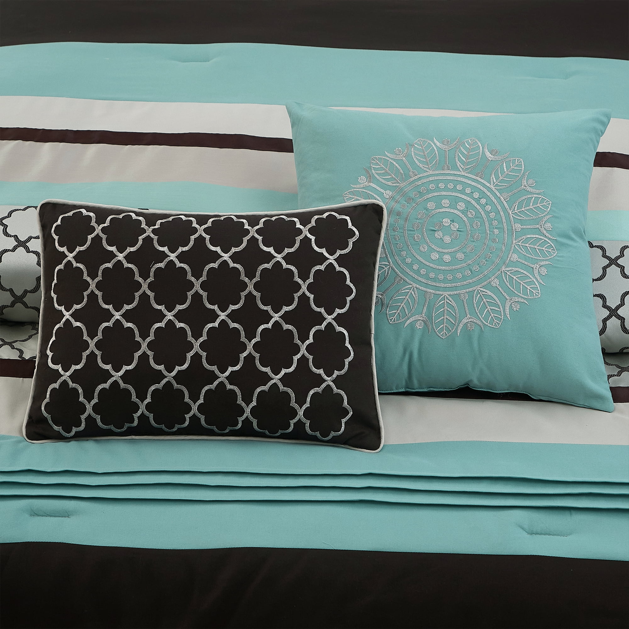 Lanco Moroccan Aqua/Brown/Light Blue 8-Piece Comforter Set, Grey, King, Striped/Geometric Patchwork