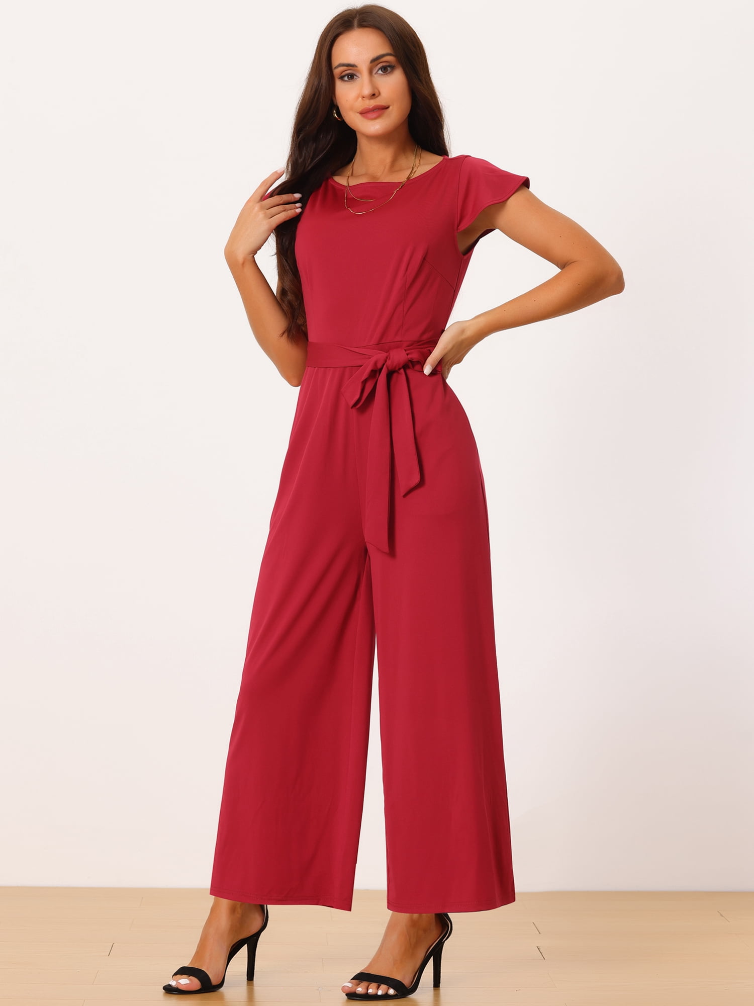 DARING DIVA Women's Ruffle Cap Sleeve High Waisted Wide Leg Jumpsuit M Wine Red