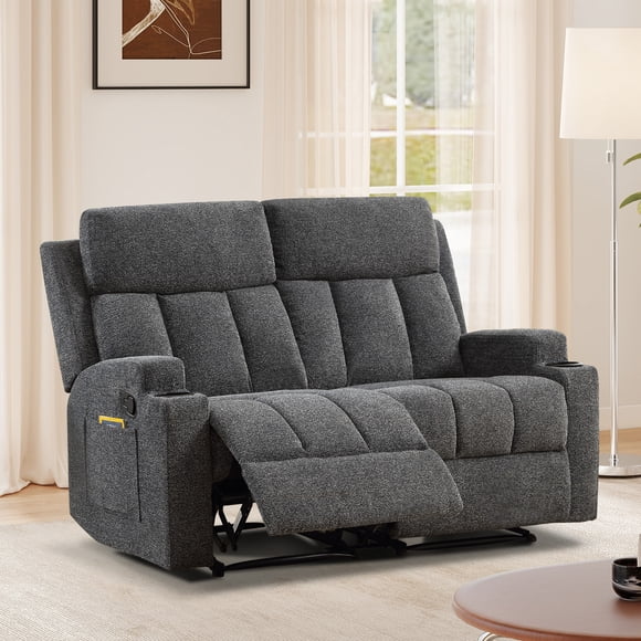 Bonzy Home Reclining Loveseat, 2-Seater Manual Recliner with Cup Holders & Side Pockets, Fabric Reclining Sofa for Living Room, Home Theater, Dark Gray