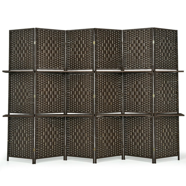 Gymax 6 Panel Folding Room Divider 6Ft Weave Fiber Screen W/ 2 Display Shelves Brown