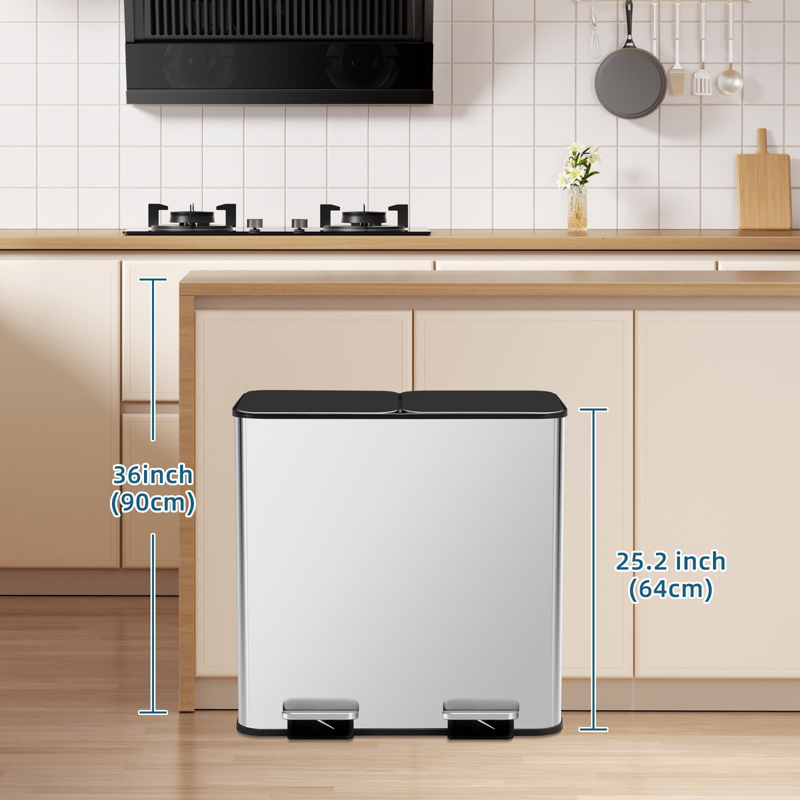 Dual Trash and Recycling Bins, 2x10.5 Gallon Kitchen Dual Trash Can with Lid, Stainless Steel Garbage Bin with 2 Removable Inner Buckets, for Kitchen, Home, Silvery