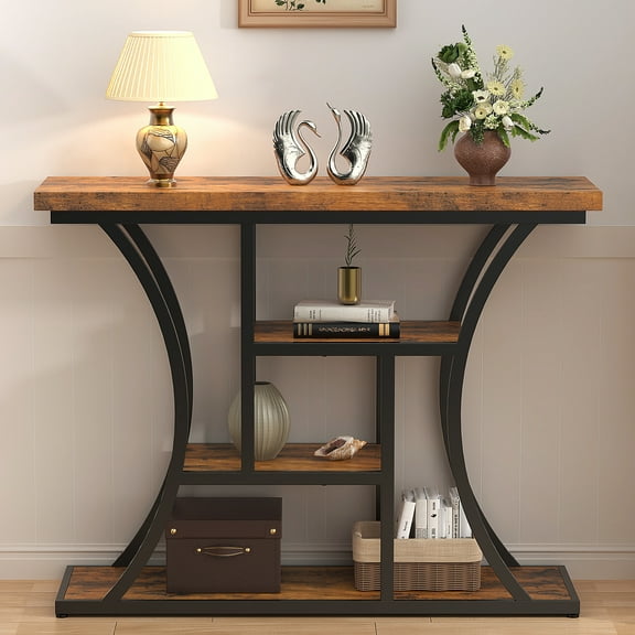 Vingud Console Table with Curved Frames and 3 Open Shelves, Entryway Table for Hallway Entrance Living Room, Rustic Brown Black 41 inches