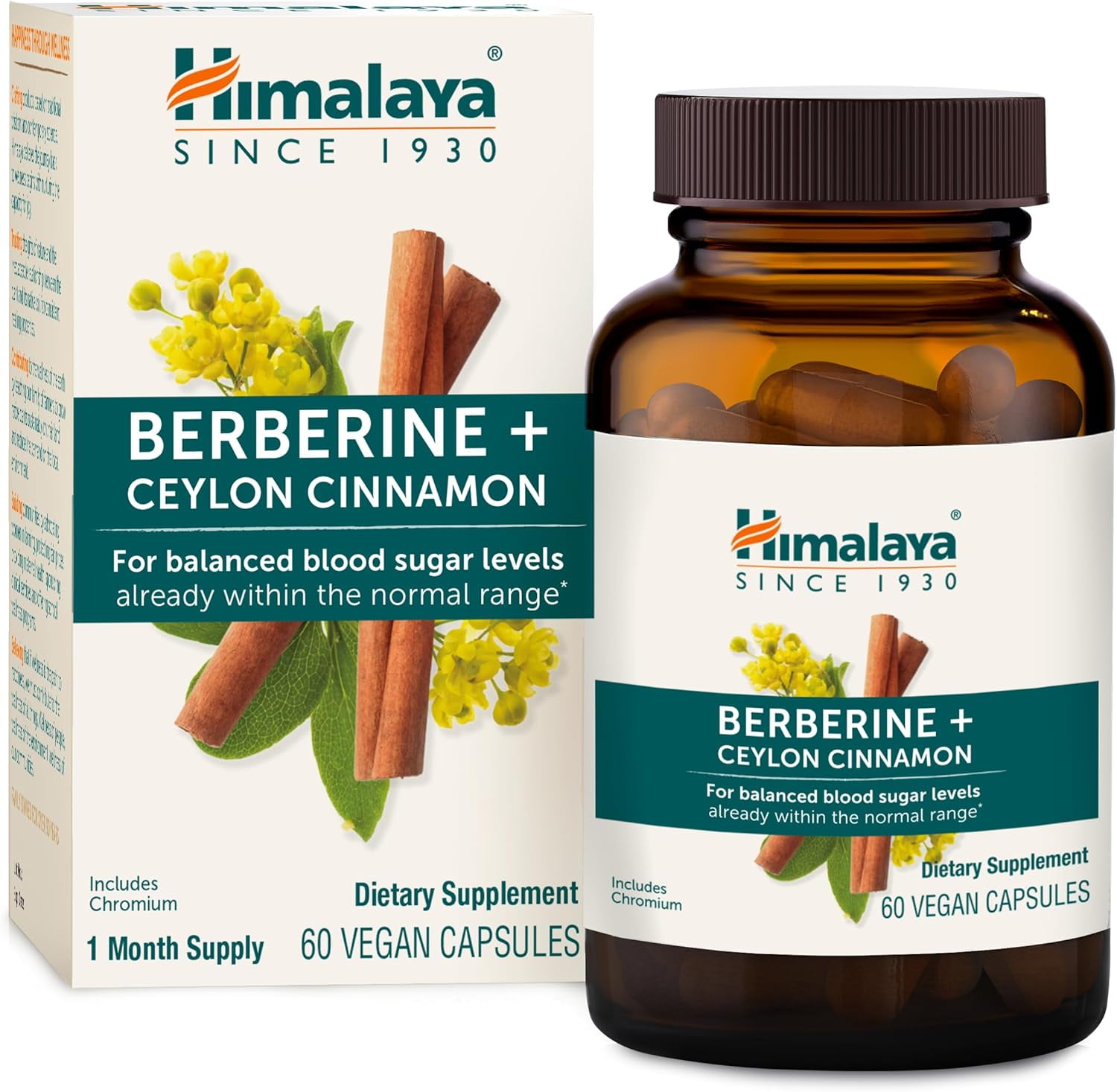 Himalaya Berberine with Ceylon Cinnamon - Herbal Supplement for Supporting Normal Metabolism, Immune, and Digestive Health - Vegan, Gluten Free, 60 Vegetarian Capsules