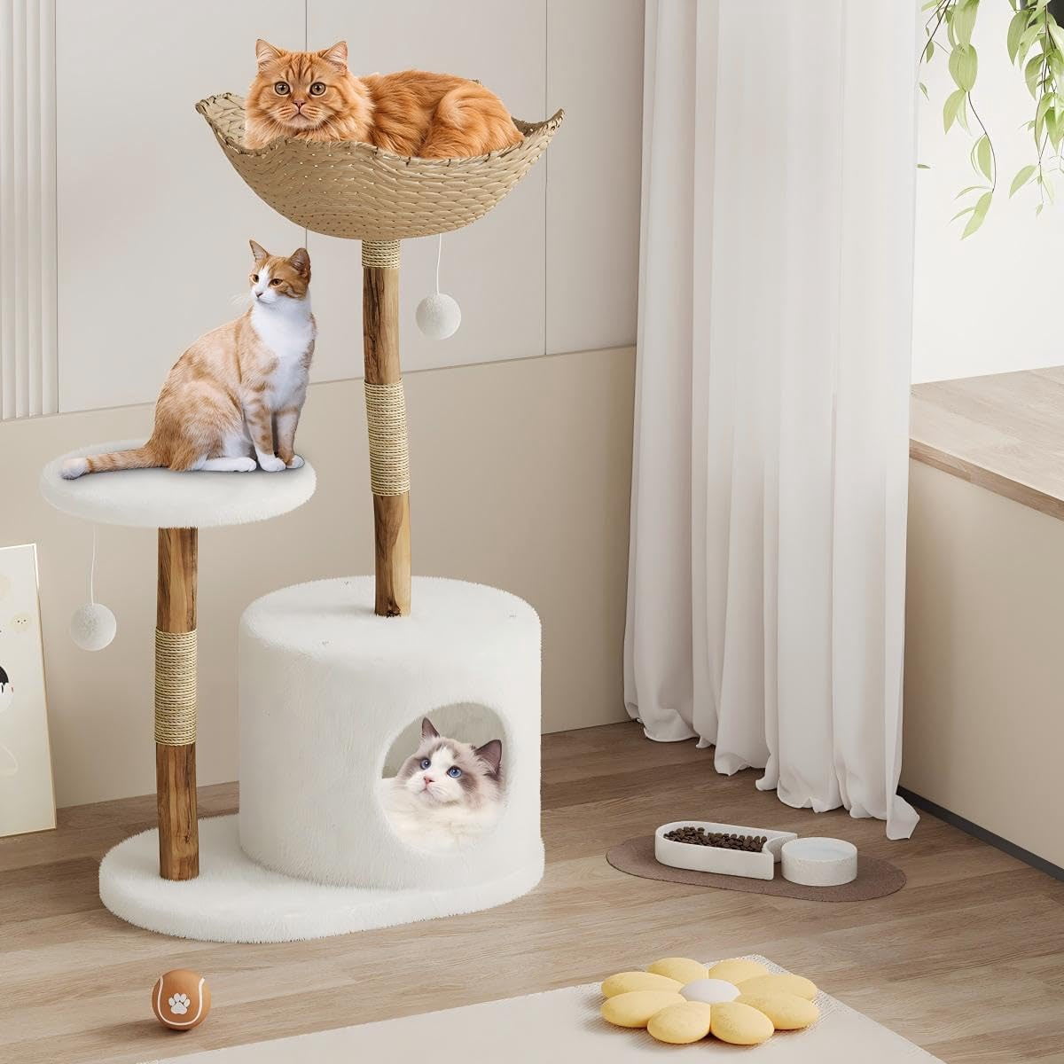 Ataucjin 43" Modern Natural Wood Cat Tree for Cats Aesthetic Cat Tower with Large Basket, Scratching Posts and Real Branch Design, White Luxury Cats Tree