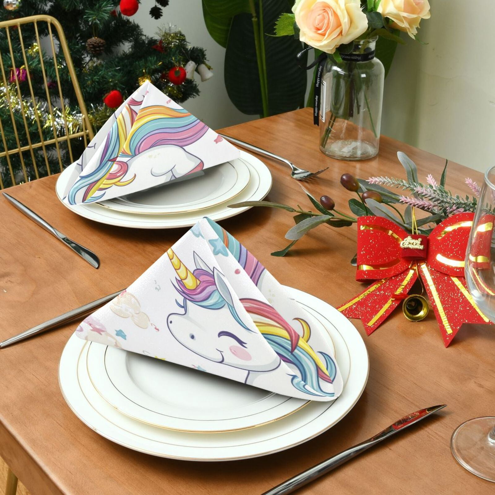 JSTEL Cute Unicorn Rainbow Stars Cloth Napkins Set of 6, 20x20 Inch Washable and Reusable Napkin for Decoupage Dinner Party Everyday Use
