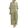 thumbnail image 2 of Uootdi Linen Sets for Women 2 Piece Short Sleeve Oversized Striped Trim Top High Waist Flowy Wide Leg Pants Boho Vacation Matching Outfits, 2 of 5
