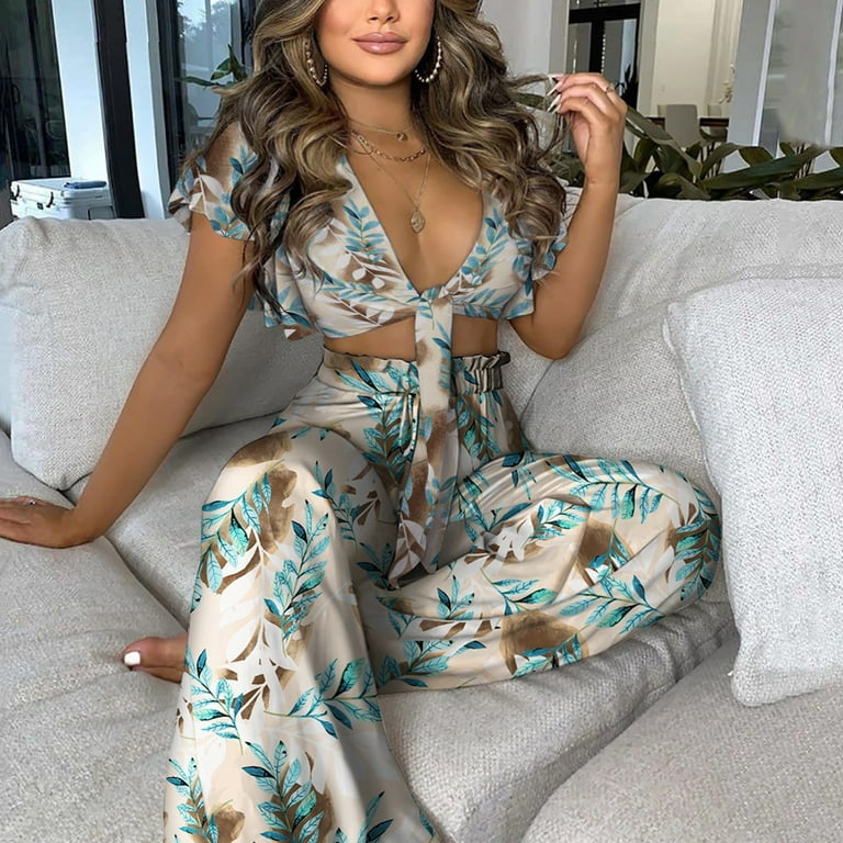YWDJ 2 Piece Outfits for Women Dressy Holiday Fashion V Neck Print Short Sleeve Long Pants 2 Pieces Suit Party Green L