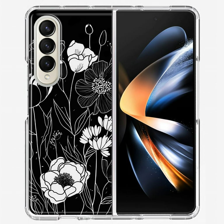 MUNDAZE Samsung Galaxy Z Fold 4 Line Drawing Art White Floral Flowers  Shockproof Clear Hybrid Protective Phone Case Cover