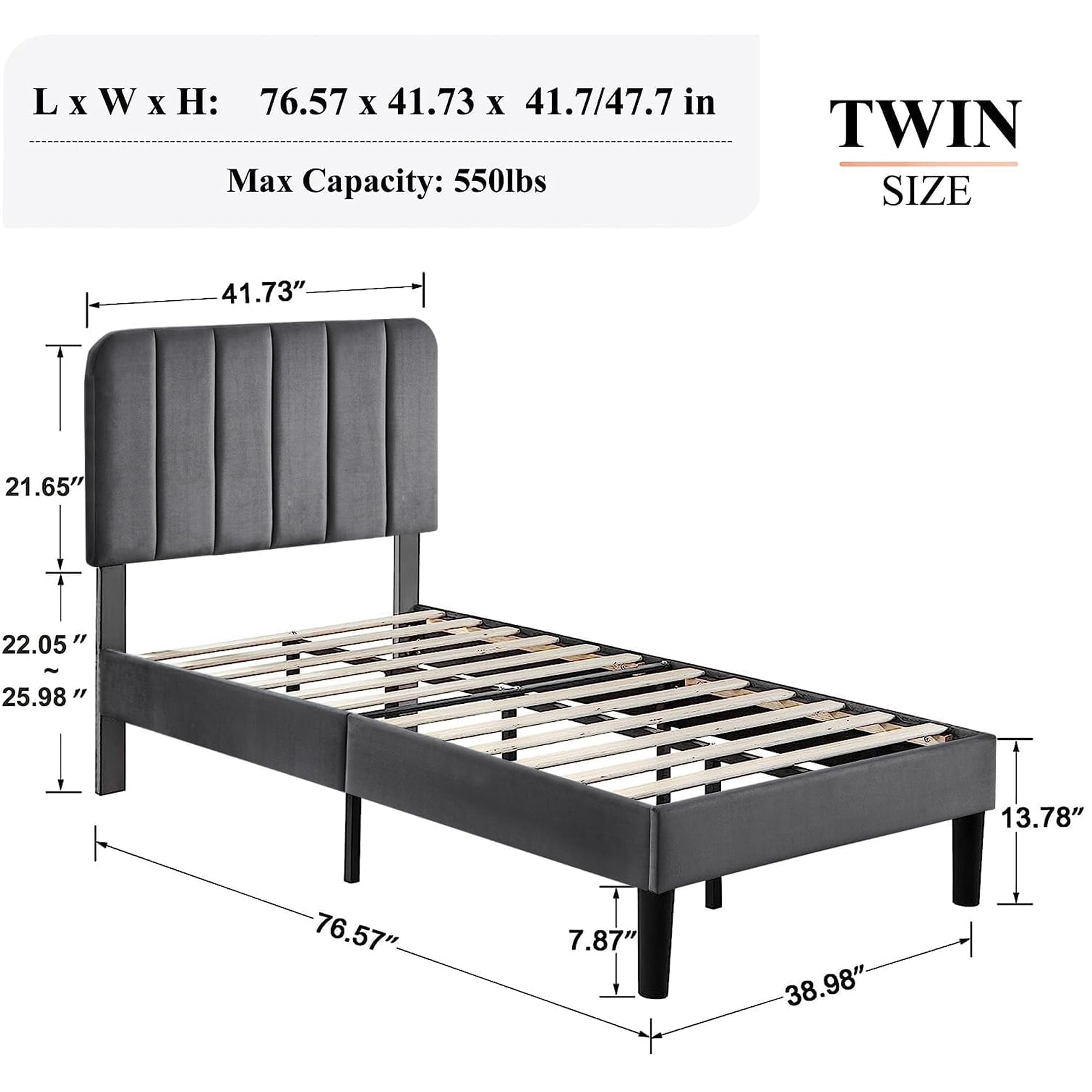 VECELO Twin Size Bed Frame, Upholstered Platform Bed Frame with Adjustable Headboard, No Box Spring Needed, Easy Assembly, Dark Gray