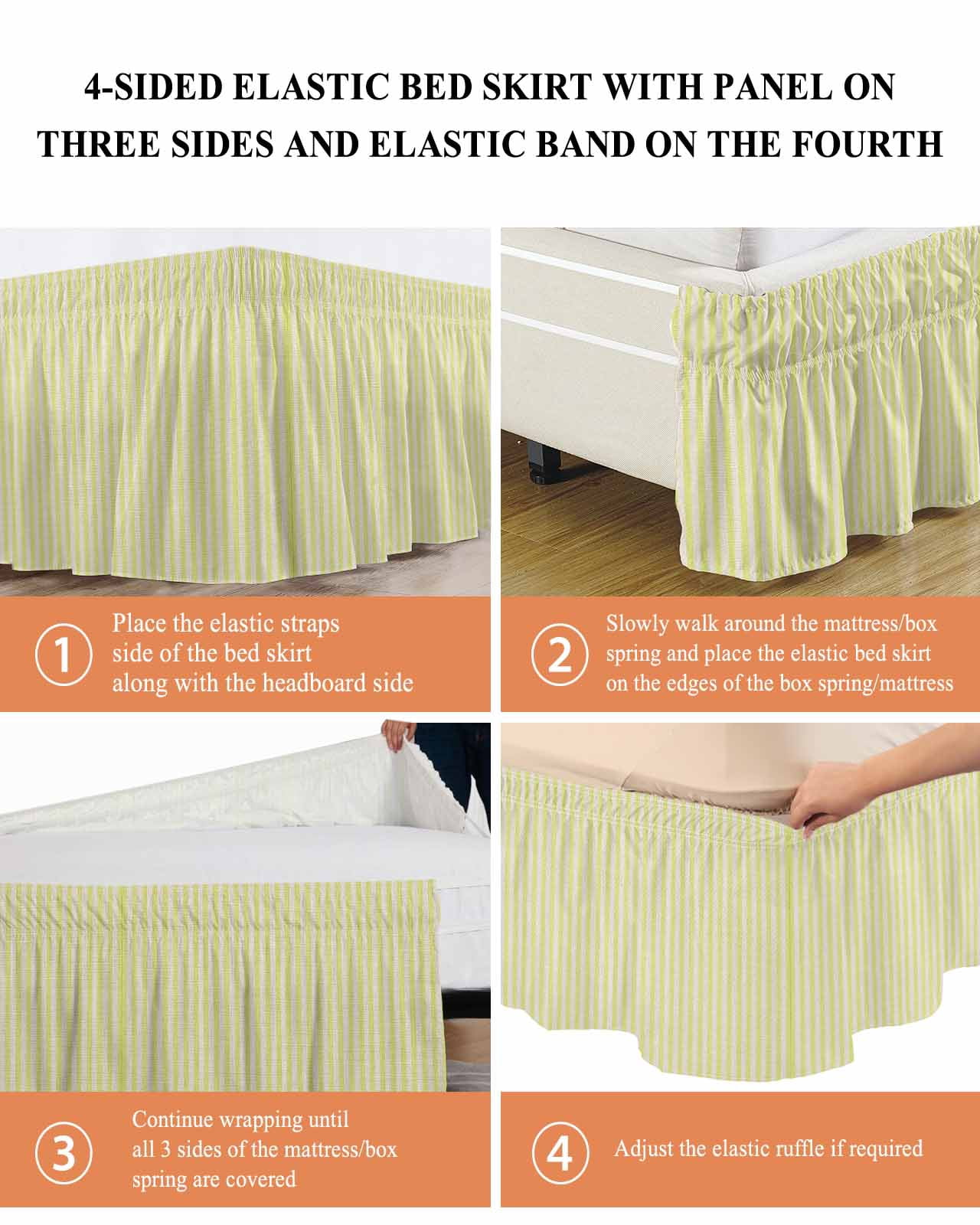Simple White Striped Bed Skirt King Size 18 Inch Drop, Yellow Stripe Vintage Linen Adjustable Elastic Dust Ruffles Bedskirt for King Bed Wrap Around Pleated Mattress Frame Cover
