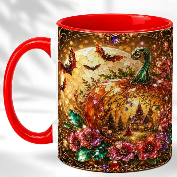 Gemstone Halloween Pumpkin Coffee Mug, Haunted House Mug, Ceramic Cup