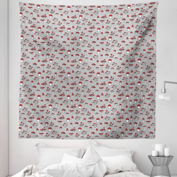 Mushroom Tapestry, Pattern with Amanita Fungus on Neutral Background Print, Fabric Wall Hanging Decor for Bedroom Living Room Dorm, 5 Sizes, Pale Taupe Vermilion, by Ambesonne
