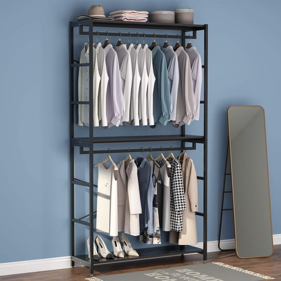 Tribesigns Free-standing Closet Organizer with 3 Storage Shelves and 2 Hanging Rod, Large Standing Clothes Garment Rack