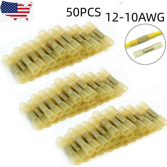 50 PCS 12-10 YELLOW HEAT SHRINK BUTT CONNECTORS CRIMP WIRE TERMINALS ELECTRICAL
