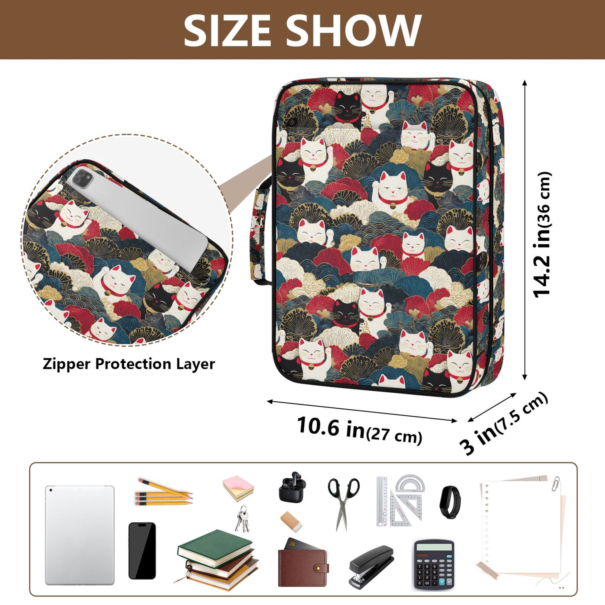 FORMRS Accordion File Folder A4 Size 7-Pocket Expanding Document Organizer Bag with 3 Ring Binder, White Lucky Cat