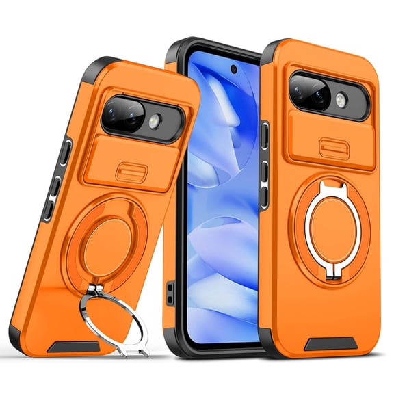 ELEHOLD Magnetic Rugged Case for Google Pixel 10A, Shockproof Ring Kickstand Hard Protection Case with Sliding Len Cover , Orange