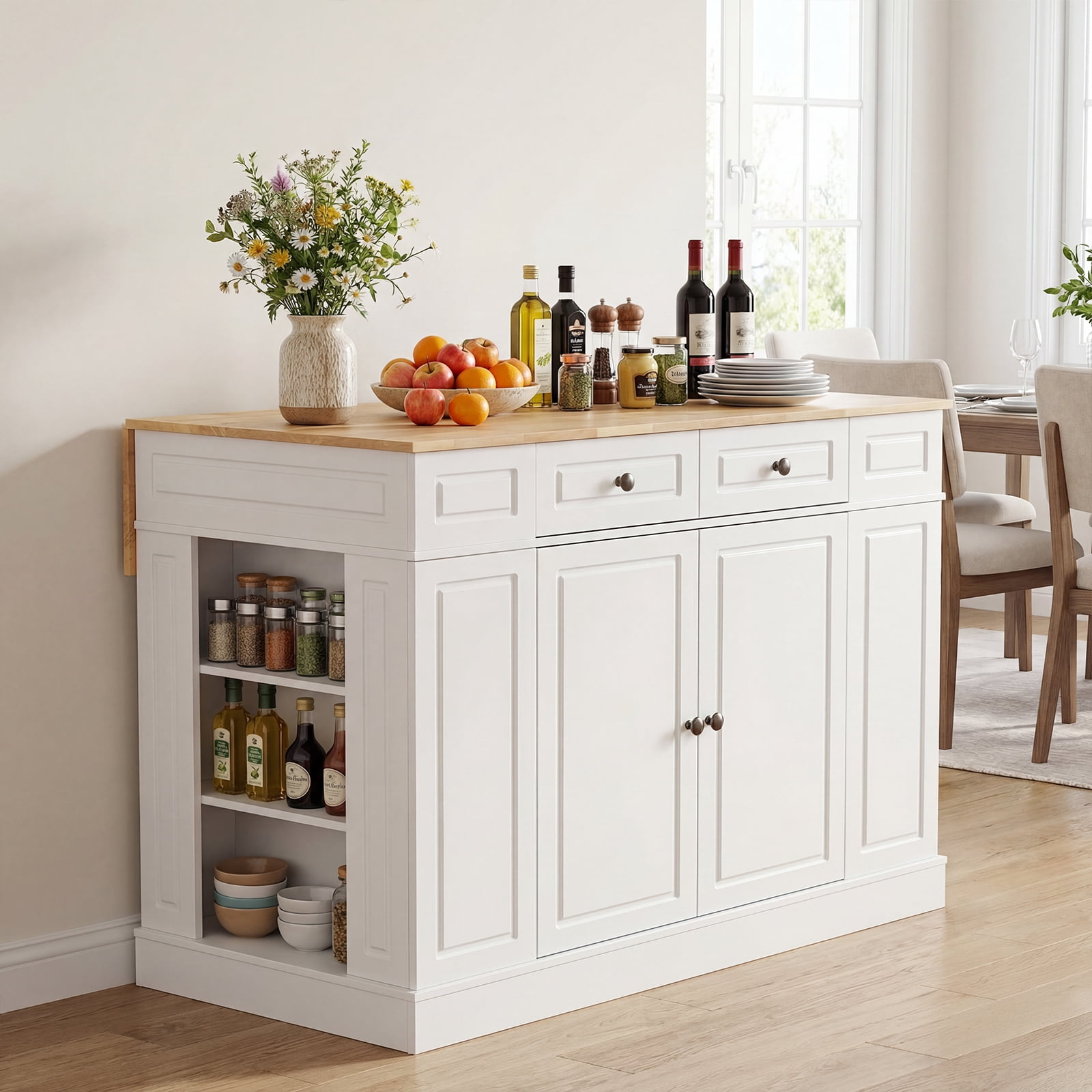 Gymax Kitchen Island Table w/ Storage Cabinet and Drop Leaf White