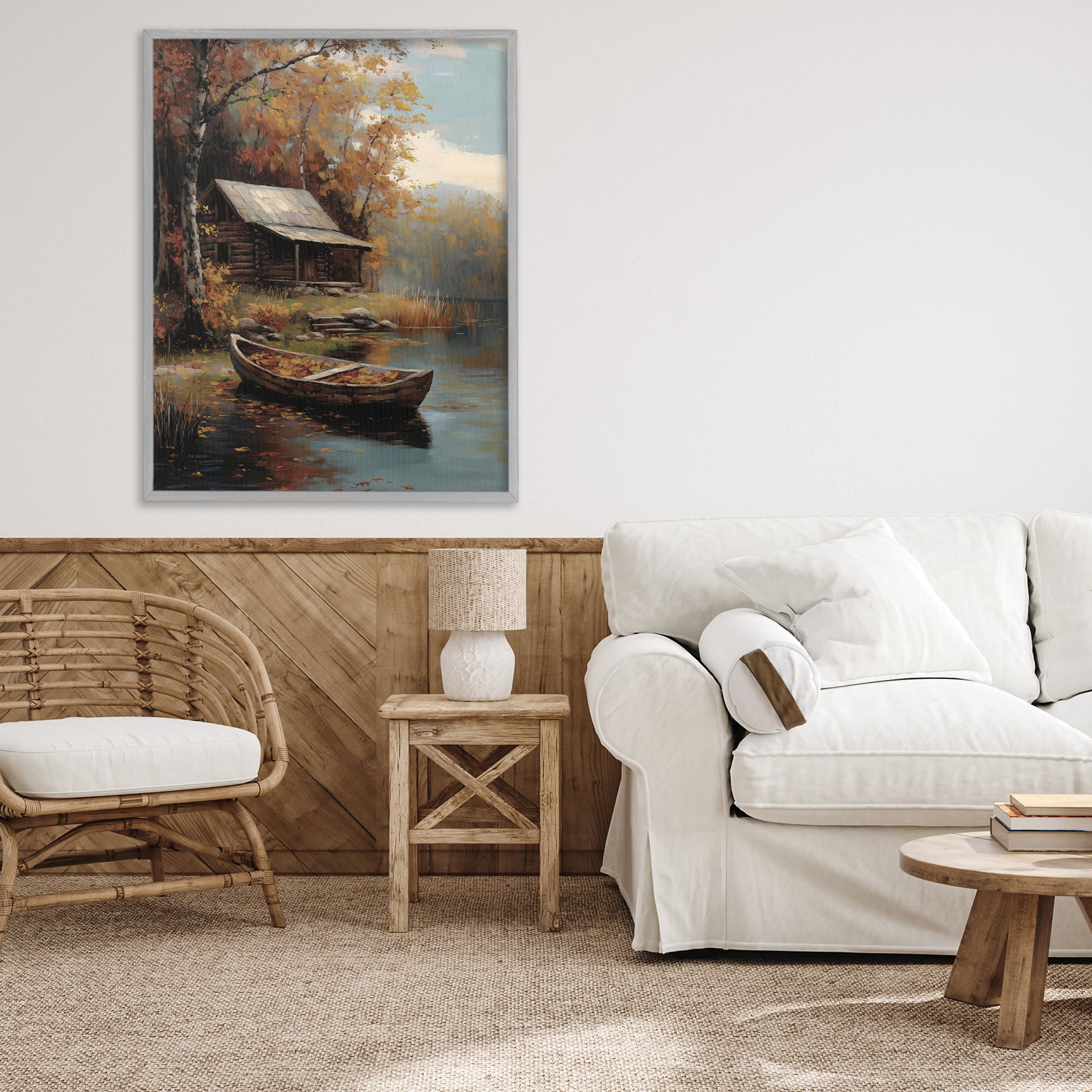 Autumn Cabin Canoe with Leaves Gray Framed Giclee Art, design by Arlington Prints