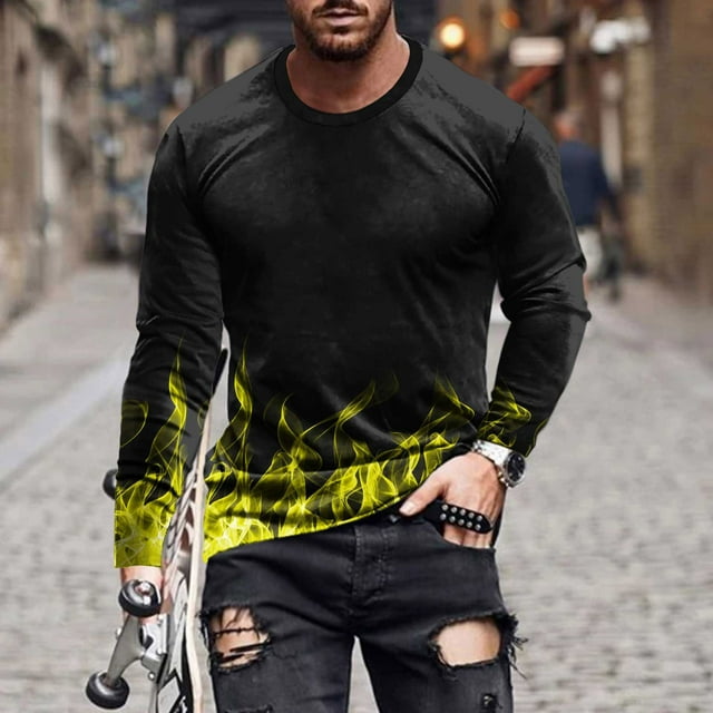 Meichang T-Shirt à Manches Longues pour Homme Coupe Ajustée, T-Shirts Graphiques pour Homme Décontractés à Imprimé Flamme 3D, T-Shirts Amusants à Col Rond Confortables à Manches Longues pour Homme