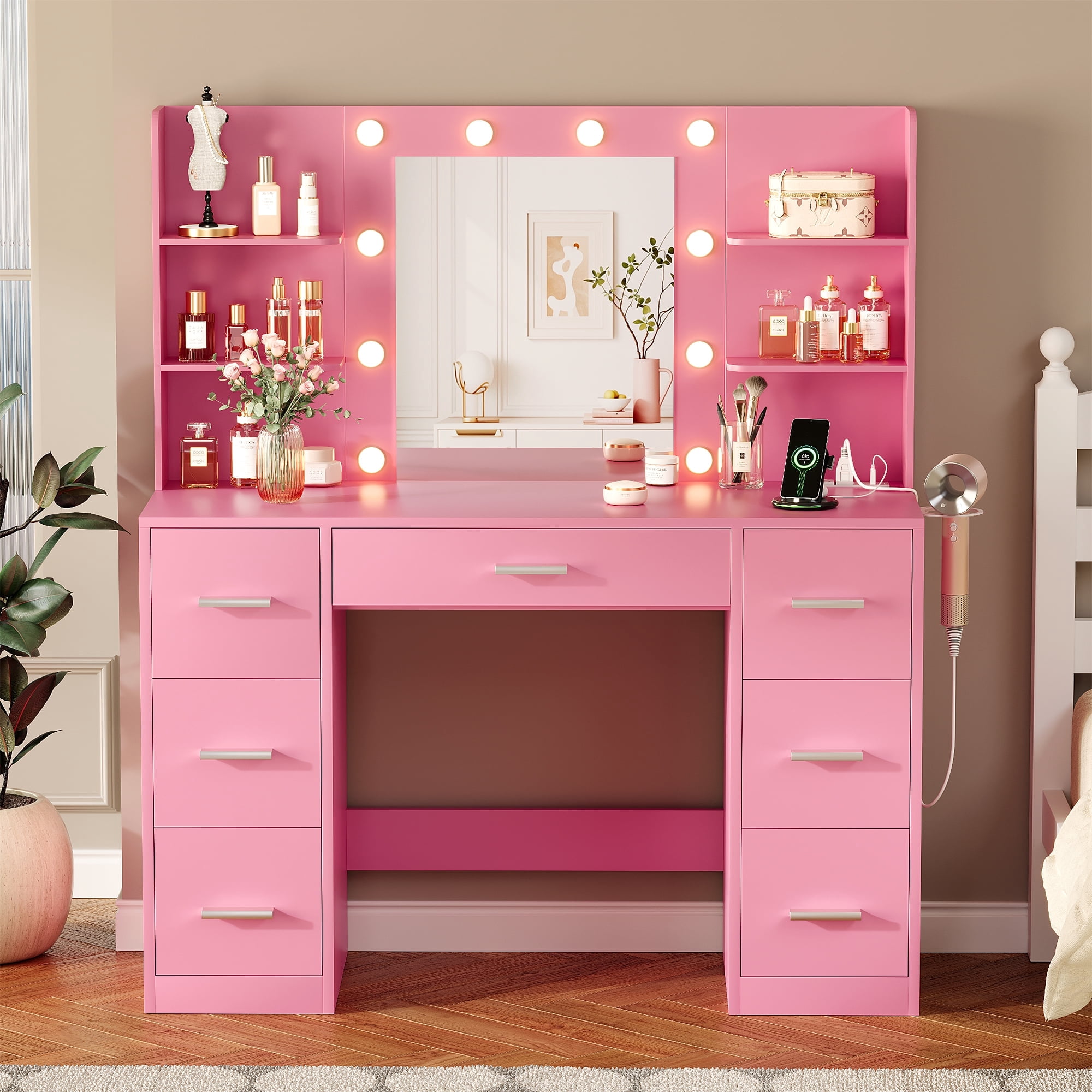 pink dressing table with lights Amazon.com: Vanity Desk with Mirror and Lights, Pink Makeup Vanity with 5 Drawers Hidden Jewelry Organizer& LED Glass Cabinet,3 Light Mode and Brightness Adjusted,Vanity Mirror with Lights Desk and Chair : Home