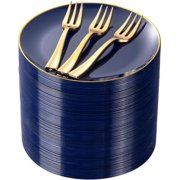 200Pcs Navy Blue Gold Dessert Plates 6.3" with Plastic Forks 5"- Small Disposable Plates- Dessert/Cake/Appetizer Plastic Plates include 100Plates 100Forks for Christmas Party & Hanukkah
