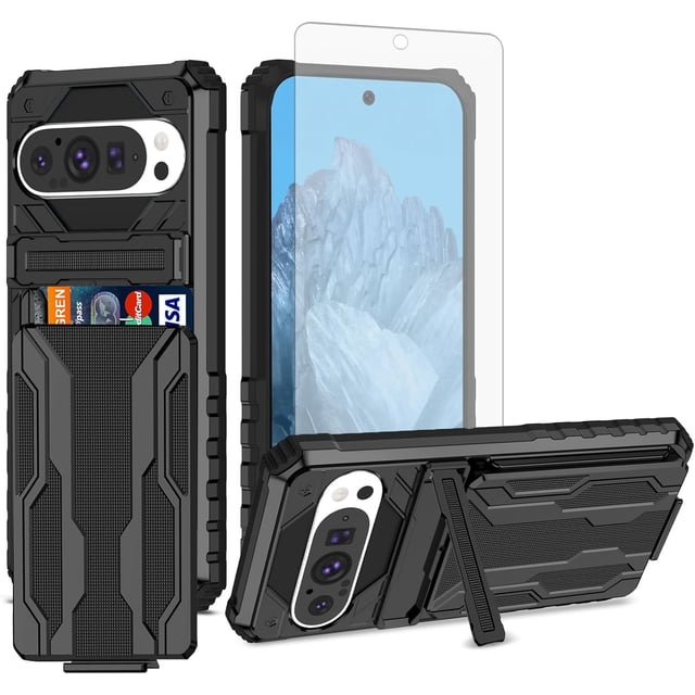 MISSUNNY Phone Case for Google Pixel 9/9 Pro 5G with Tempered Glass Screen Protector Cover and Slim Credit Card Holder Stand Slot Kickstand Film Rugged Cell Accessories Pixel9 9Pro Nine Women Men Blac