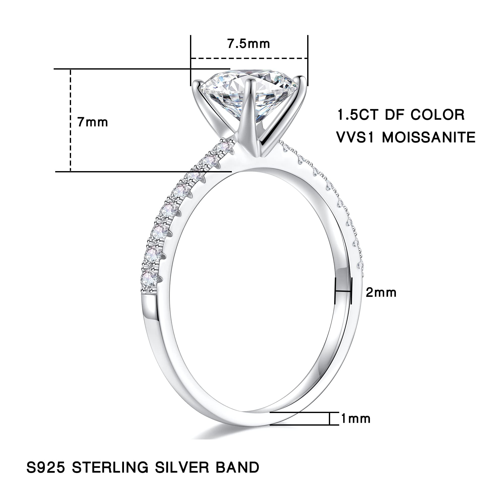 Turandoss Engagement Moissanite Rings for Women 1.5ct Brilliant Round Cut Rhodium Plated Solid S925 Sterling Silver 4 Prong Stackable Jewelry Wedding Anniversary Bands Gifts for Women