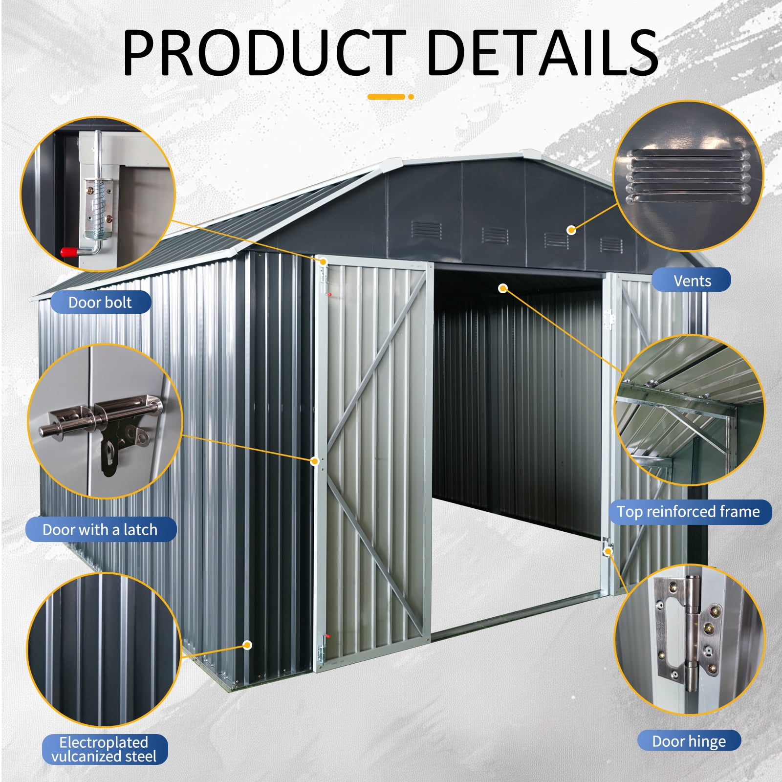 10x12ft Metal Outdoor Storage Shed with Arch Roof Black
