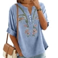 thumbnail image 4 of TRUBKH Women's Embroidered Shirt mexican peasant blouse Button Blouse V Neck mexican blouse Floral Boho Slim fit top Embroidered Blouses cotton blouses for women embroidery tops Linen Shirts Blue M, 4 of 9