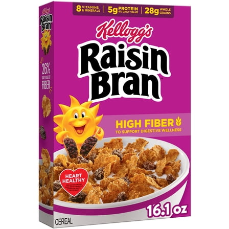Kellogg’s Raisin Bran Breakfast Cereal, High Fiber, 28g Whole Grain, Family Size, 22.1 oz