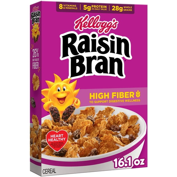 Kellogg’s Raisin Bran Breakfast Cereal, High Fiber, 28g Whole Grain, Family Size, 22.1 oz