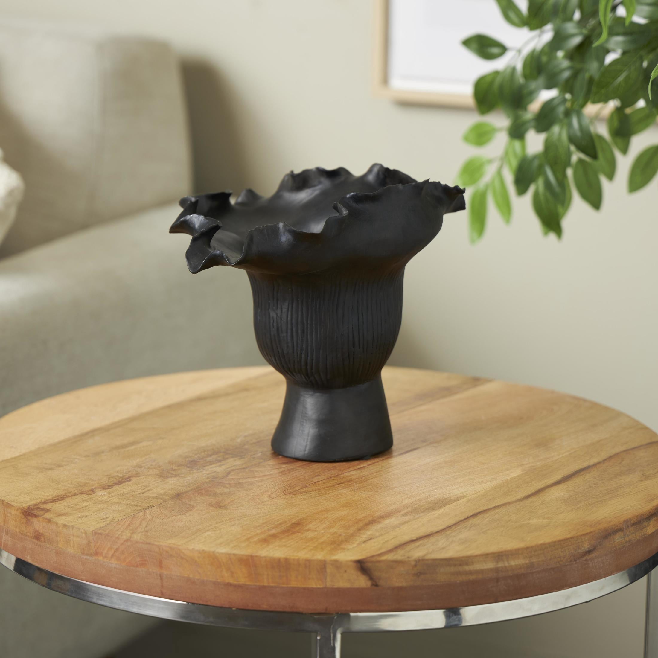 DecMode 8" Abstract Floral Inspired Black Ceramic Vase with Wavy Folded Rim and Linear Grooves