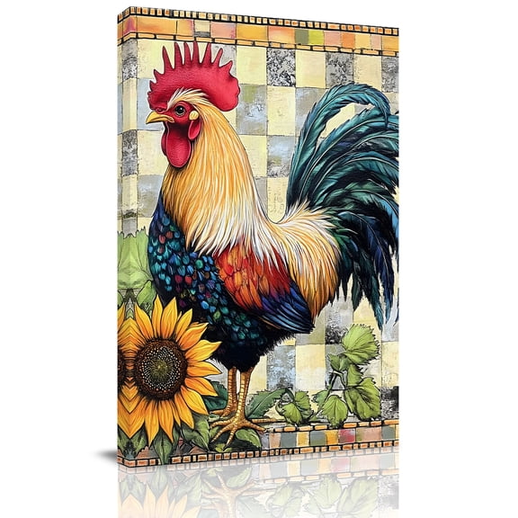Vintage Rooster Canvas Wall Art for Living Room, Farmhouse Retro Sunflower Animal Floral Checkered Poster Print Painting for Bedroom Office Home Decoration Wall Pictures Prepare To Hang 10"x10"