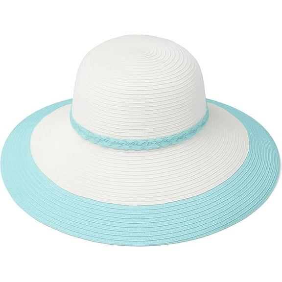 Women’s Wide Brim Sun Hat – White Straw Beach Hat with Light Blue Brim & Braided Band – Foldable Packable Summer Hat for UV Protection