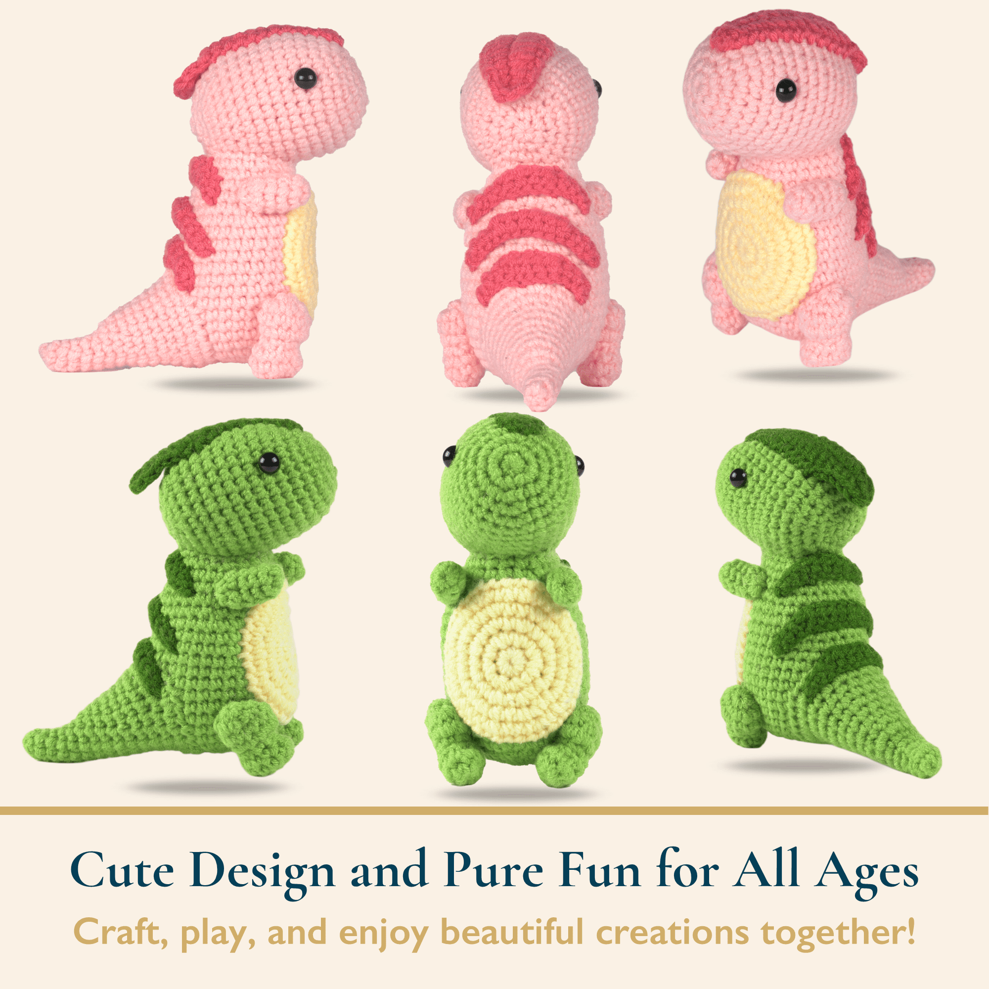 ComfiTime Crochet Kit for Beginners to Intermediate – Amigurumi Starter Kit w/ Video Tutorials & Step-by-Step Instructions, Complete Animal Craft Accessories for Adults, Kids & Gift Giving,Dinosaurs