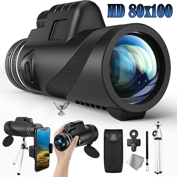 BFVV Monocular Telescope 80x100 High Power, BAK4 Prism FMC Lens Night Vision Monocular, 22mm Eyepiece High Powered Monoculars for Adults with Smartphone Adapter Tripod, Essential Hunting Accessories