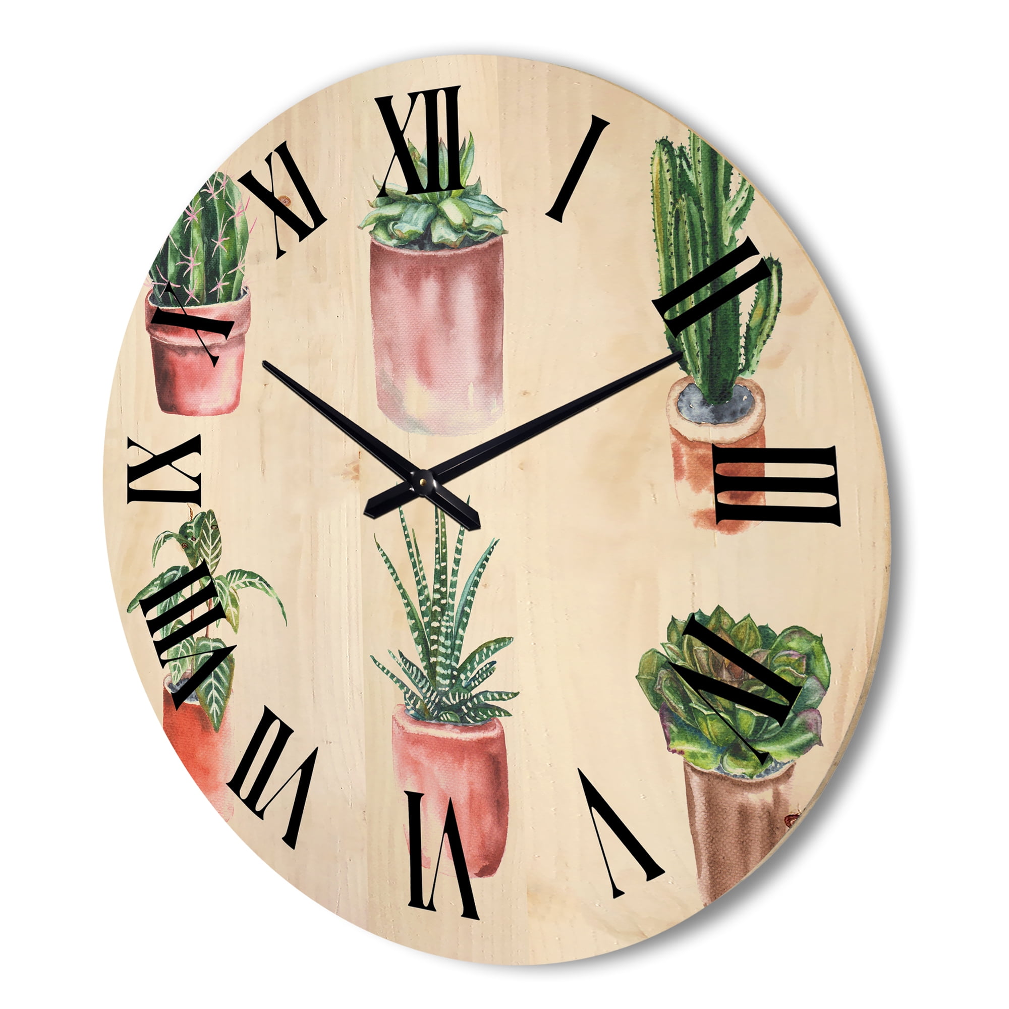 Designart 'Cactus and Succulents In A Clay Pot ' Traditional Wood Wall Clock