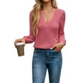thumbnail image 2 of Womens V Neck Long Sleeve Tops Dressy Casual Fall Shirts Puff Sleeve Loose Tunic Trendy Tops Blouses Pink L, 2 of 9