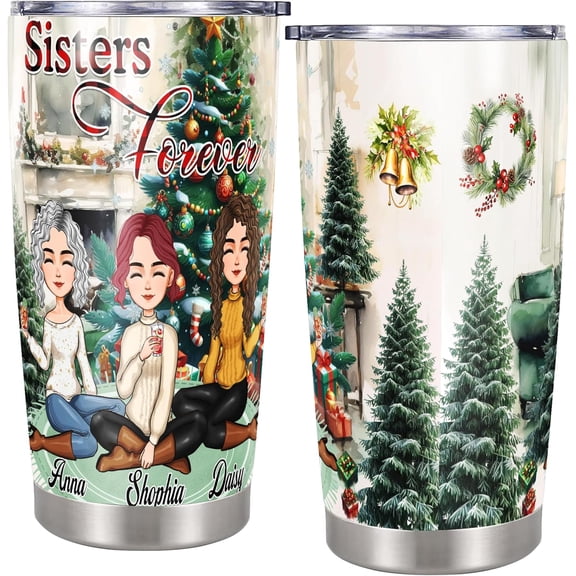 Personalized Sisters Forever Christmas Tumbler with Lid 20oz Stainless Steel Custom Name Travel Mug Insulated Double Wall Vacuum Coffee Cup Gifts for Soul Little Big Best Sister