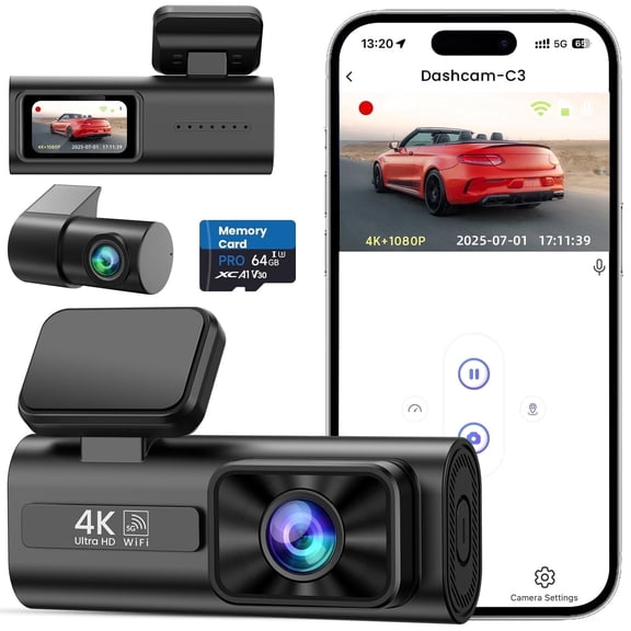 Dash Cam Front and Rear, 4K 1080P 5G WiFi & WDR Dashcam, 64GB Card, App Control, G-Sensor, Night Vision, Loop Recording, Parking Mode, Car Camera(C3)