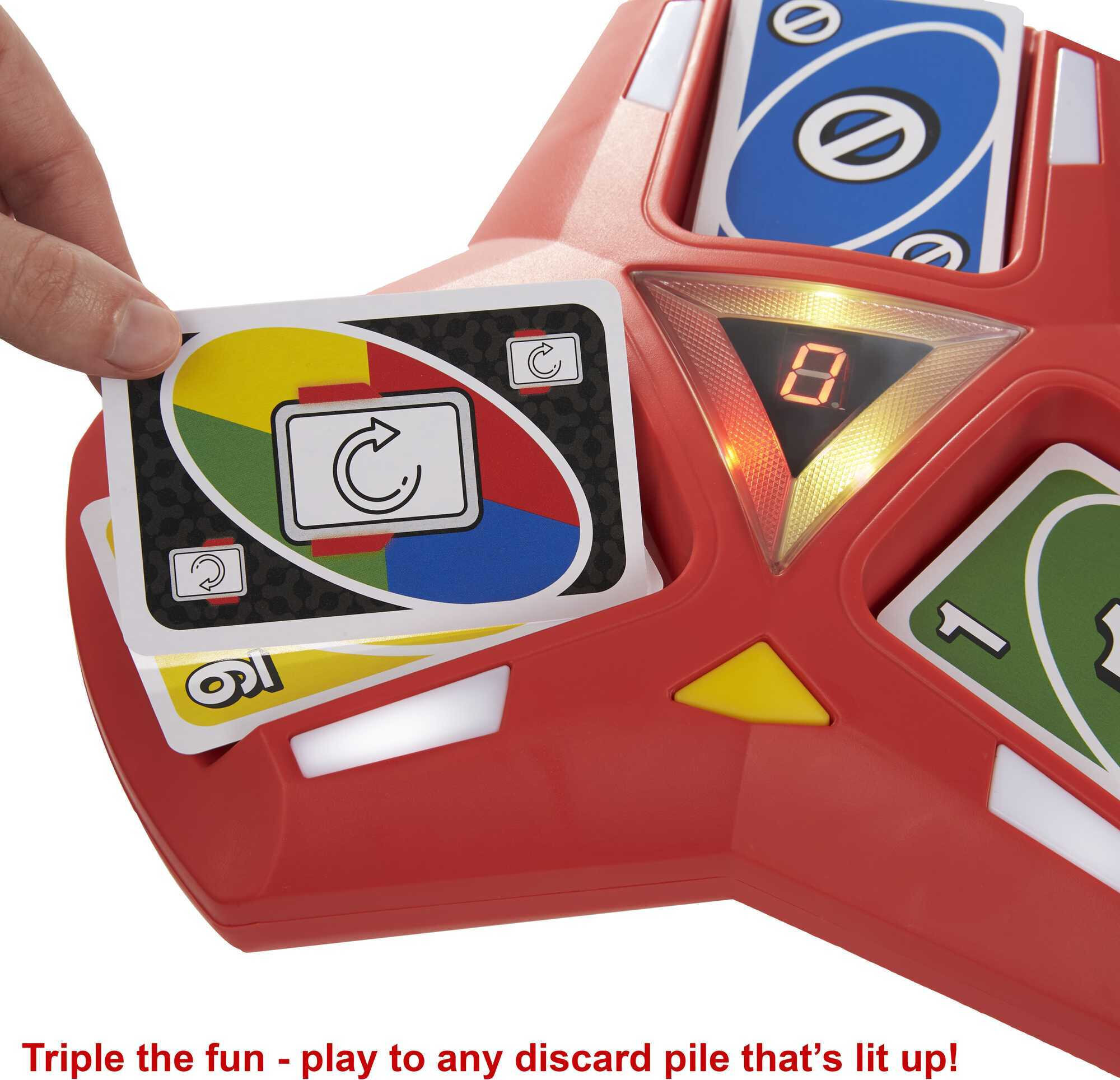 UNO Triple Play Card Game for Family Night Featuring 3 Discard Piles, Lights & Sounds - image 4 of 8