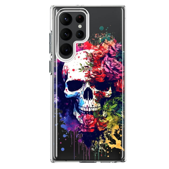 MUNDAZE Samsung Galaxy S23 Ultra Shockproof Clear Hybrid Protective Phone Case Fantasy Skull Red Purple Roses Cover