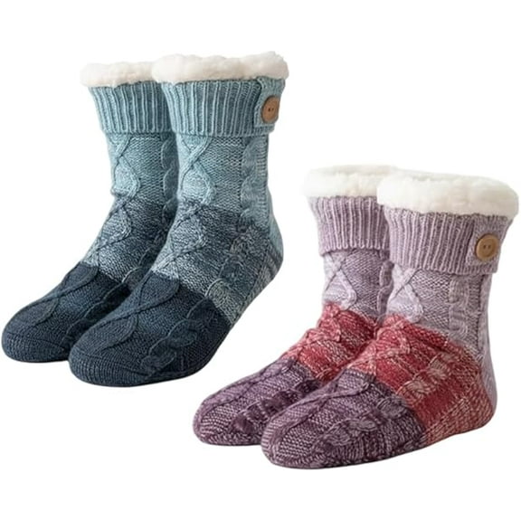 Knitted Ultra-thick Slipper Home Socks, Fluffy Winter Warm Cabin Cozy Fleece Socks Women with Grips(2pcs*Purpl Blue,kkl)