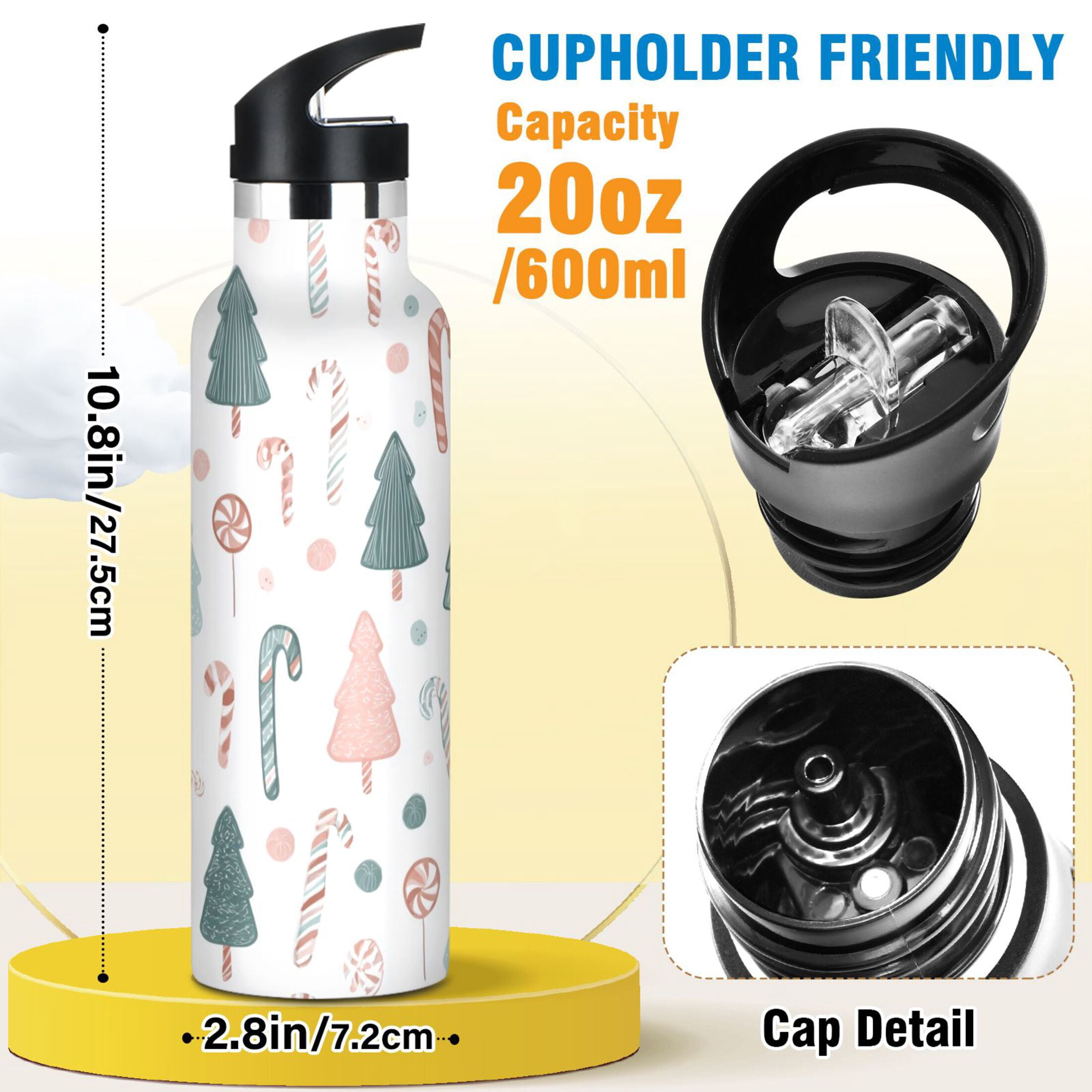 600ML Stainless Steel Insulated Cup Sports Water Bottle Portable Thermos Cup Water Glasses Insulated Tumblers Convenient and Durable Green Christmas Tree Cute