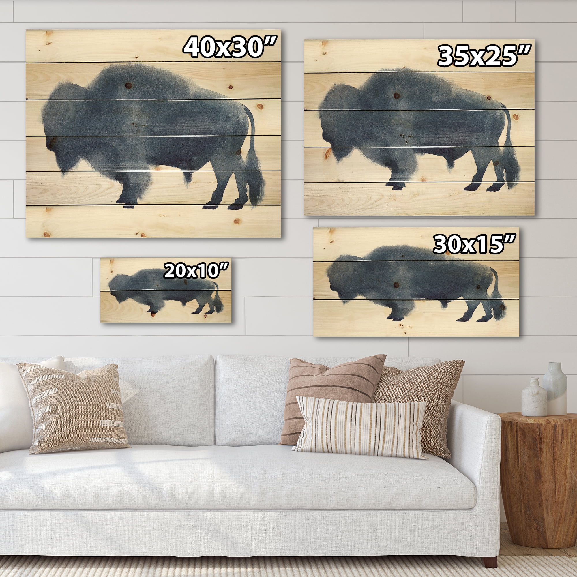 Designart 'Navy Blue Bison Silhouette On White' Farmhouse Print on Natural Pine Wood