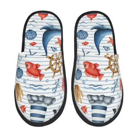 

Adobk Watercolor Nautical Print Slippers Indoor Outdoor Retro Slippers House Soft Fluffy Slides Cushion Furry Slippers-Medium